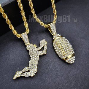 Hip Hop Cubic Zirconia Football Player & Ball Pendant 24" Rope Chain Necklace